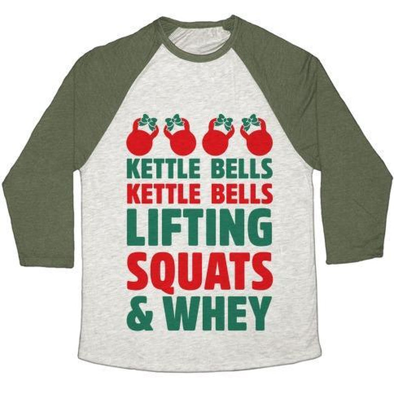 KETTLE BELLS KETTLE BELLS LIFTING SQUATS and WHEY UNISEX TRI-BLEND BASEBALL TEE